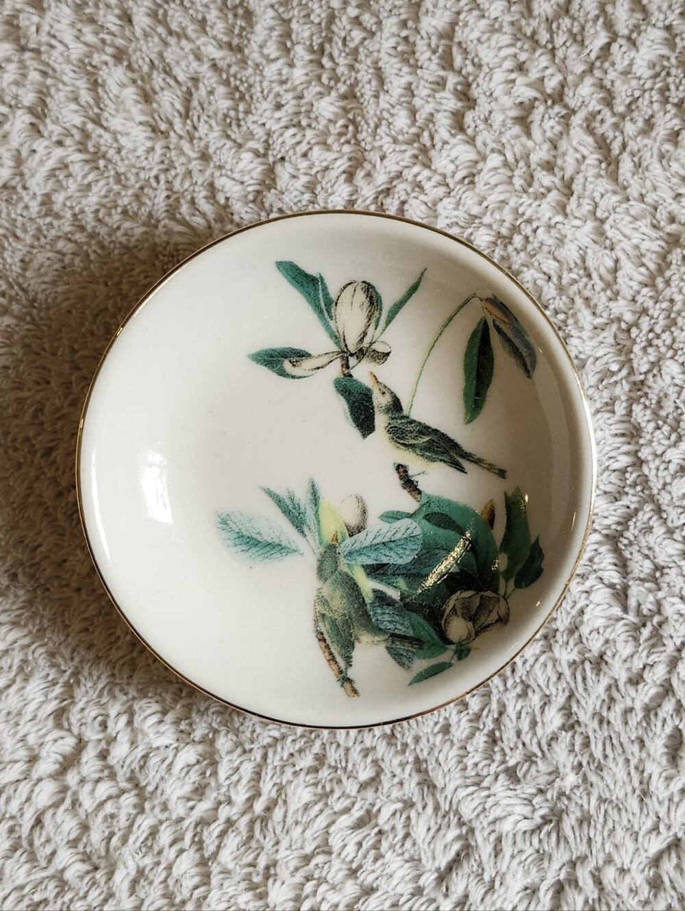 Botanical Bird Decorative Ring Dish - Green and Cream